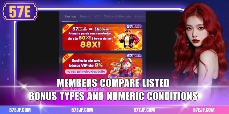 57e Promotion 2 Members compare listed bonus types and numeric conditions
